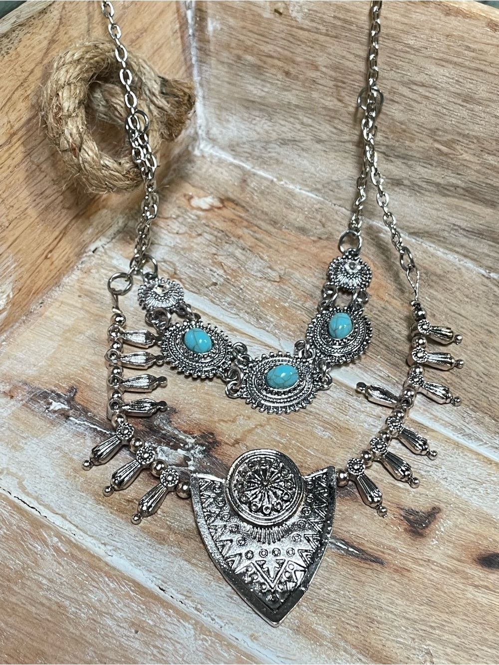 Bohemian Silver-Tone Necklace with Turquoise Accents - Women Jewelry - Picture 4 of 4